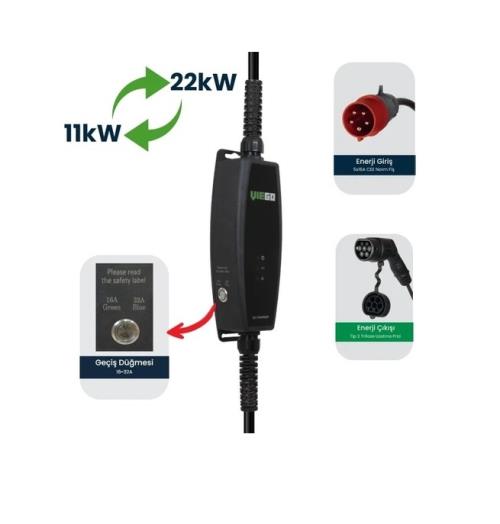 VİEGO TAŞINABİLİR ELEKTRİKLİ ARAÇ ŞARJ CİHAZI 11/22KW EV PRİZİ DÖNÜŞTÜRÜCÜLÜ